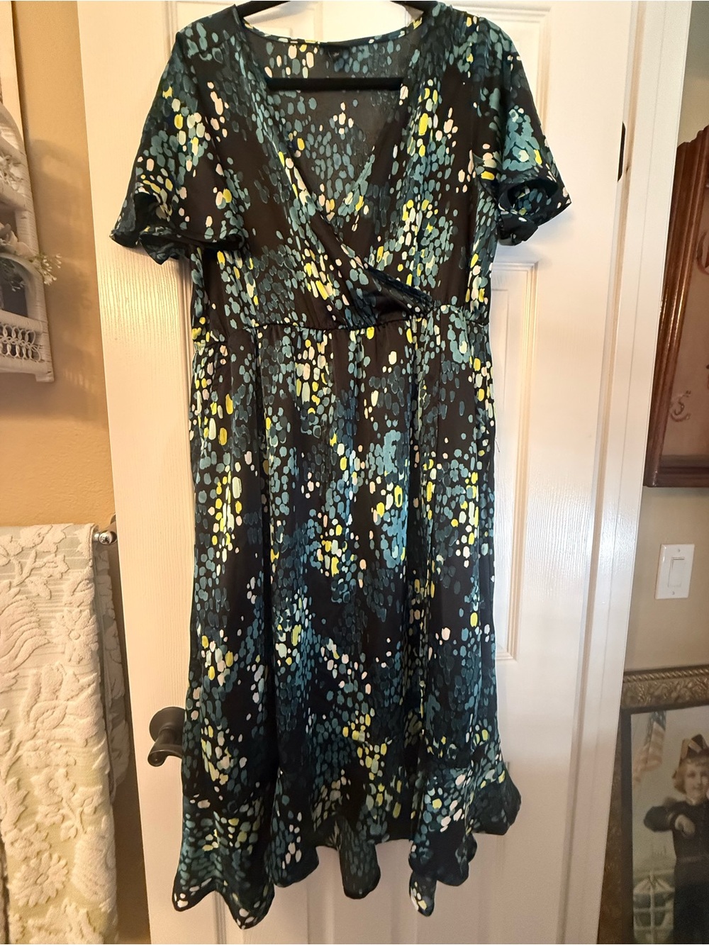torrid Black Wrap Midi Dress with Teal and Yellow Print